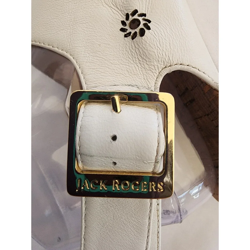 Jack Rogers White Leather Cork Platform Sandals Thong Buckle Womens 8.5 M Summer